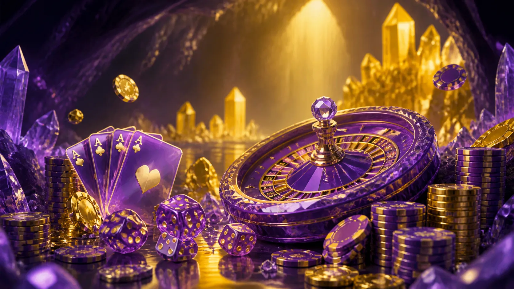 A vibrant cyberpunk-themed casino banner with neon glowing poker chips and dice.
