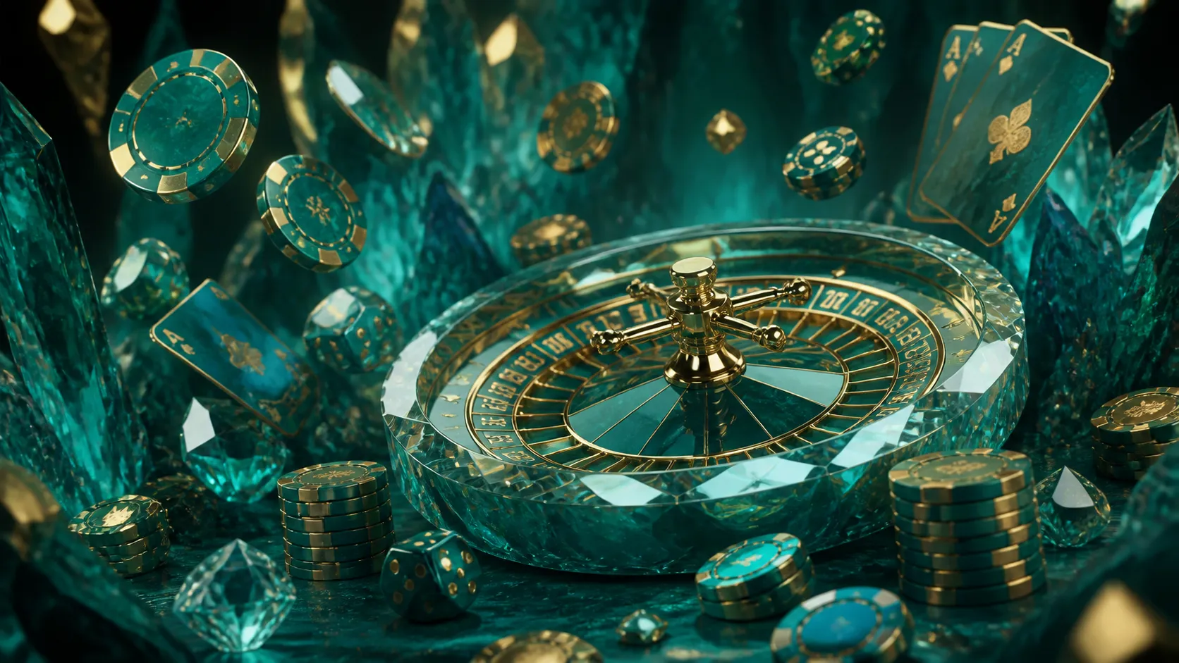 Luxury casino-themed banner with a glossy 3D isometric render of floating poker chips and playing cards, using a dual-color p